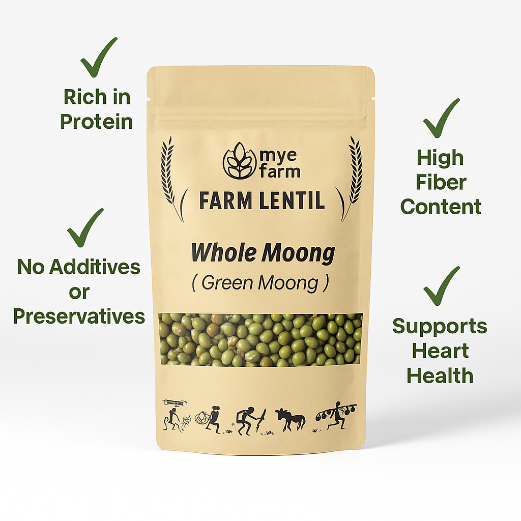 Infographic image of the Mye Farm Whole Moong packaging. Checkmarks and text point out key benefits: Rich in Protein, High Fiber Content, No Additives or Preservatives, and Supports Heart Health.