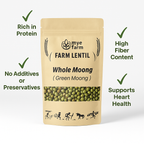 Infographic image of the Mye Farm Whole Moong packaging. Checkmarks and text point out key benefits: Rich in Protein, High Fiber Content, No Additives or Preservatives, and Supports Heart Health.