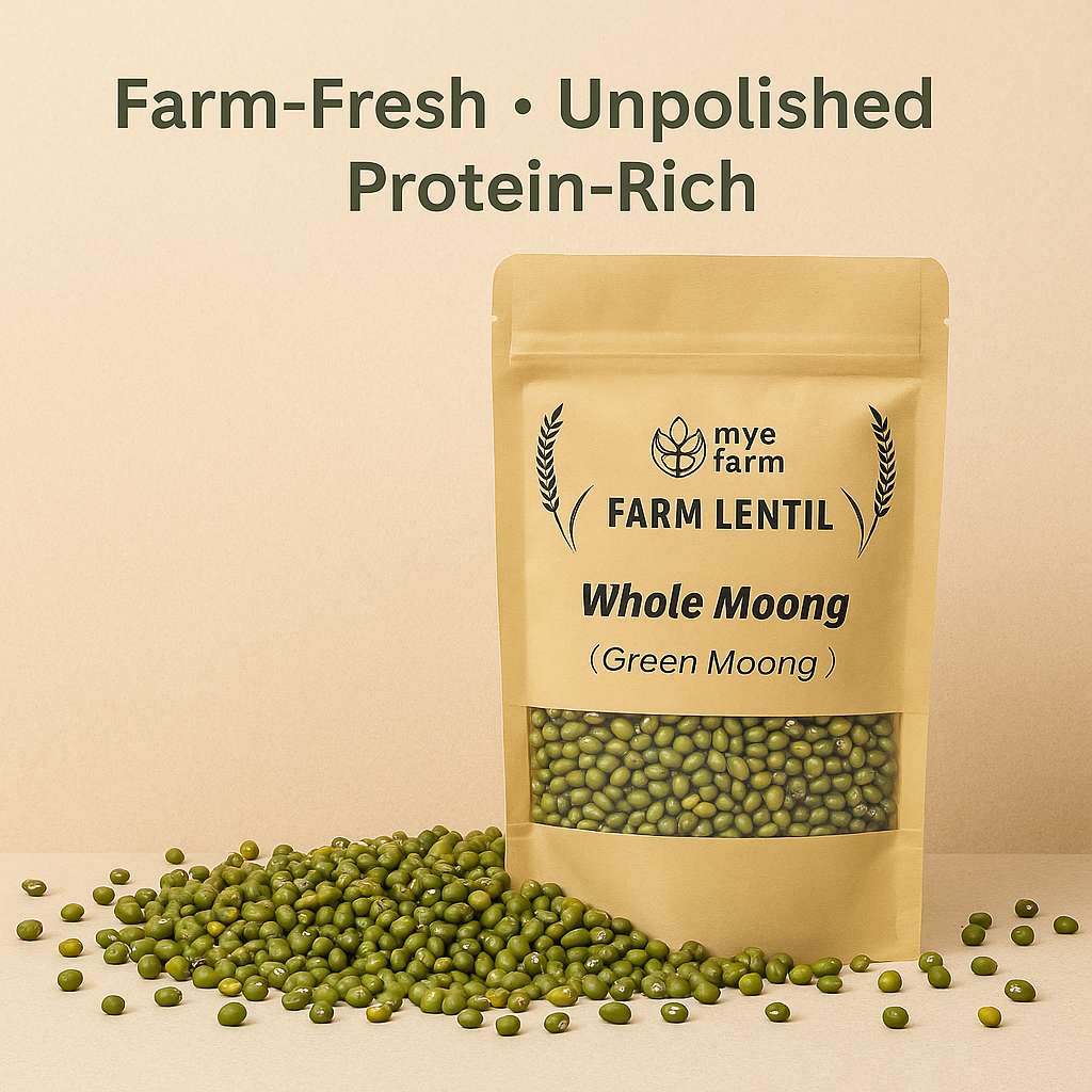 Mye Farm Whole Moong lentil packaging standing centered on a beige surface with loose green moong beans scattered around. Overhead text reads: Farm-Fresh • Unpolished • Protein-Rich. The image highlights the product's natural quality and protein content.