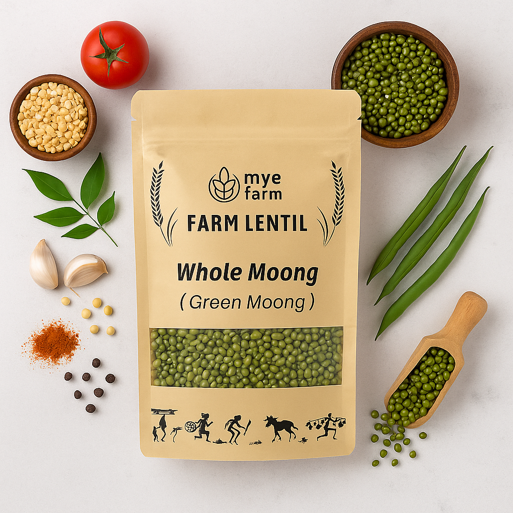 Flat lay image showing the Mye Farm Whole Moong packaging surrounded by fresh ingredients and spices used to prepare Indian dishes, including green moong beans, split yellow dal, garlic, tomato, and green beans. Highlights meal usage.