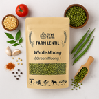 Flat lay image showing the Mye Farm Whole Moong packaging surrounded by fresh ingredients and spices used to prepare Indian dishes, including green moong beans, split yellow dal, garlic, tomato, and green beans. Highlights meal usage.