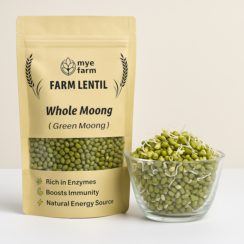 The Mye Farm Whole Moong packaging standing next to a clear glass bowl of fresh green moong sprouts. Overlay text indicates key benefits: Rich in Enzymes, Boosts Immunity, and Natural Energy Source, emphasizing its use for sprouting.