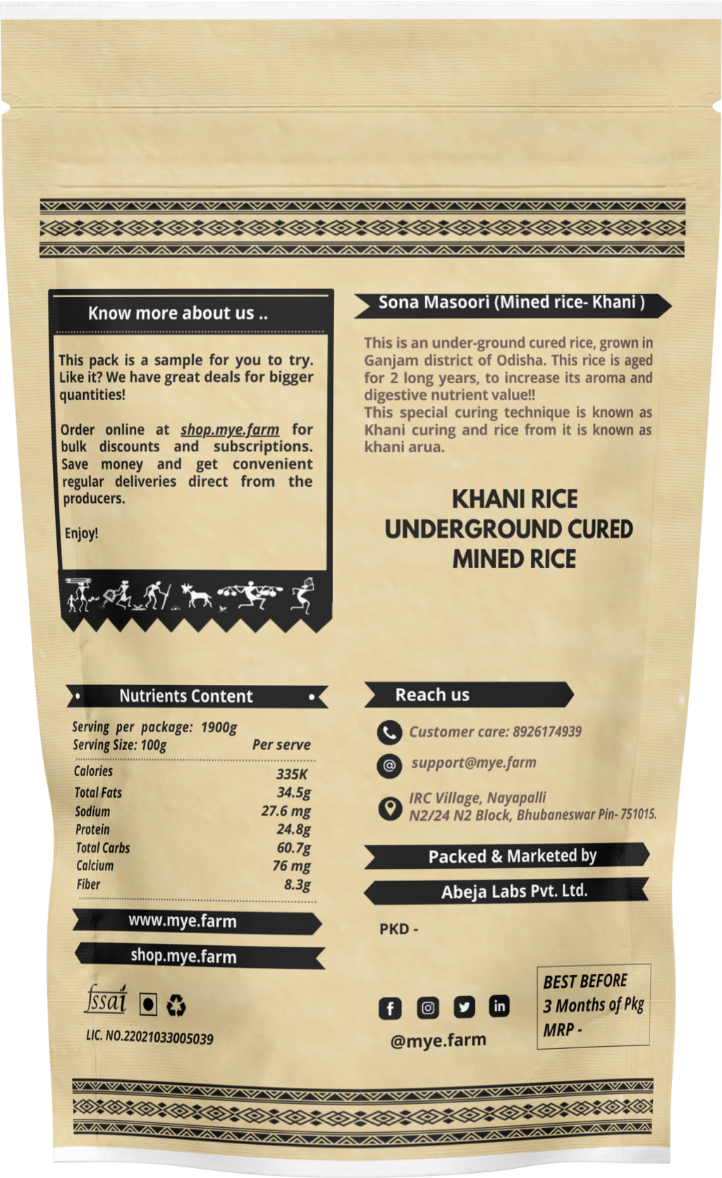 Khani Rice packaging with nutritional information and contact details on a beige background