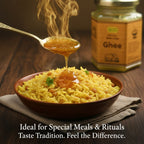 Pure desi cow ghee poured over hot rice, enhancing aroma and flavor in traditional Indian meals using Mye Farm ghee