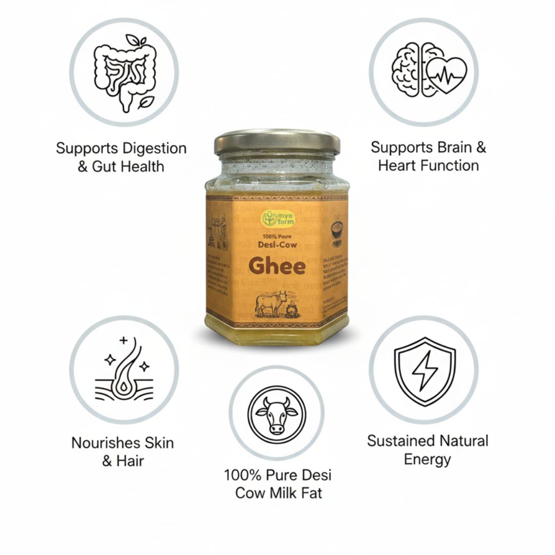 Mye Farm desi cow ghee health benefits infographic highlighting digestion support, brain and heart function, skin and hair nourishment, and sustained natural energy