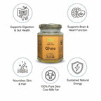 Mye Farm desi cow ghee health benefits infographic highlighting digestion support, brain and heart function, skin and hair nourishment, and sustained natural energy