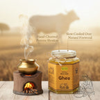Mye Farm hand churned desi cow ghee slow cooked over natural firewood using traditional Indian bilona style method