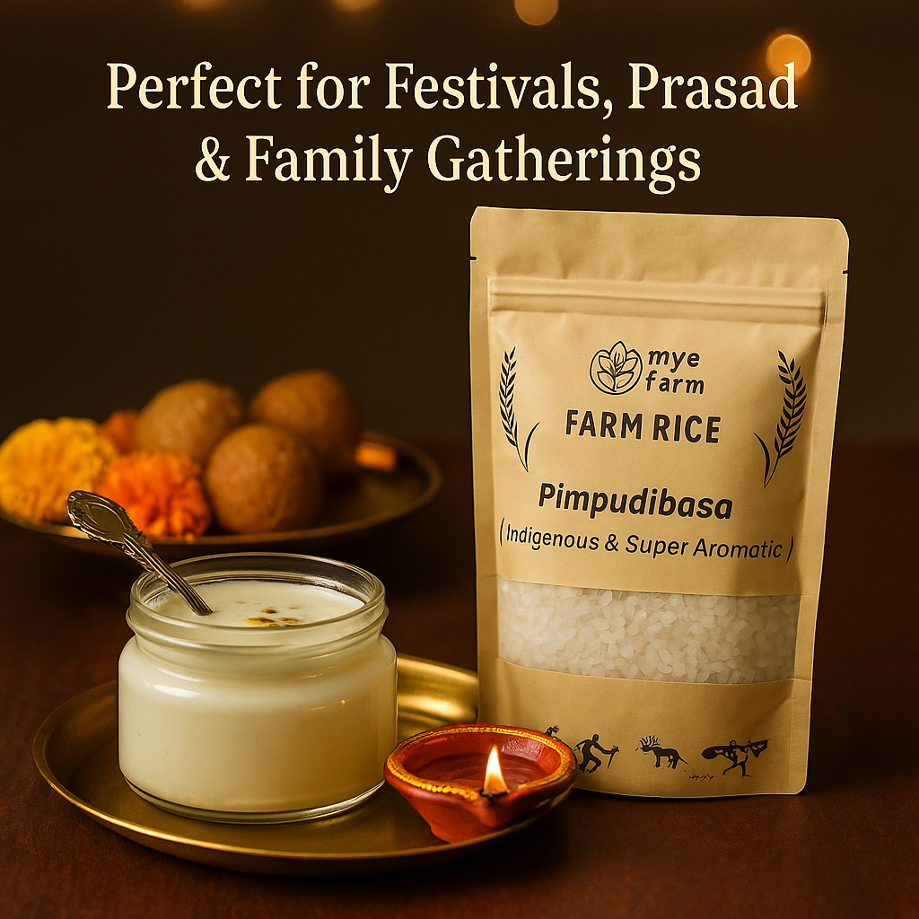 Mye Farm Pimpudibasa Aromatic Kheer Rice festive image showing a brass bowl of kheer with diyas and flowers, representing traditional Indian celebrations.