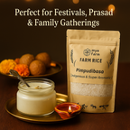 Mye Farm Pimpudibasa Aromatic Kheer Rice festive image showing a brass bowl of kheer with diyas and flowers, representing traditional Indian celebrations.