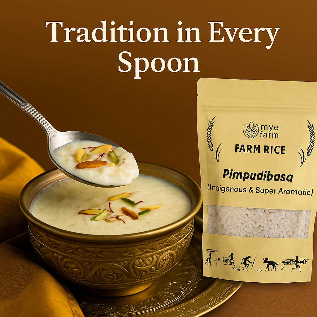 Mye Farm Pimpudibasa Aromatic Kheer Rice used to make traditional Indian kheer, shown with a brass bowl and spoon under the tagline ‘Tradition in Every Spoon.