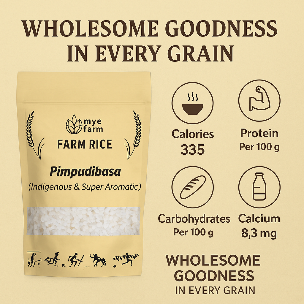 Mye Farm Pimpudibasa Aromatic Kheer Rice nutritional infographic showing calories, protein, carbohydrates, and calcium content with tagline ‘Wholesome Goodness in Every Grain.