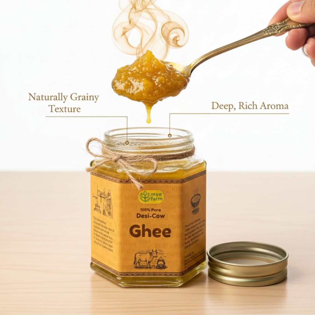 Spoon pouring premium Mye Farm desi cow ghee showing naturally grainy texture and rich aroma in glass jar