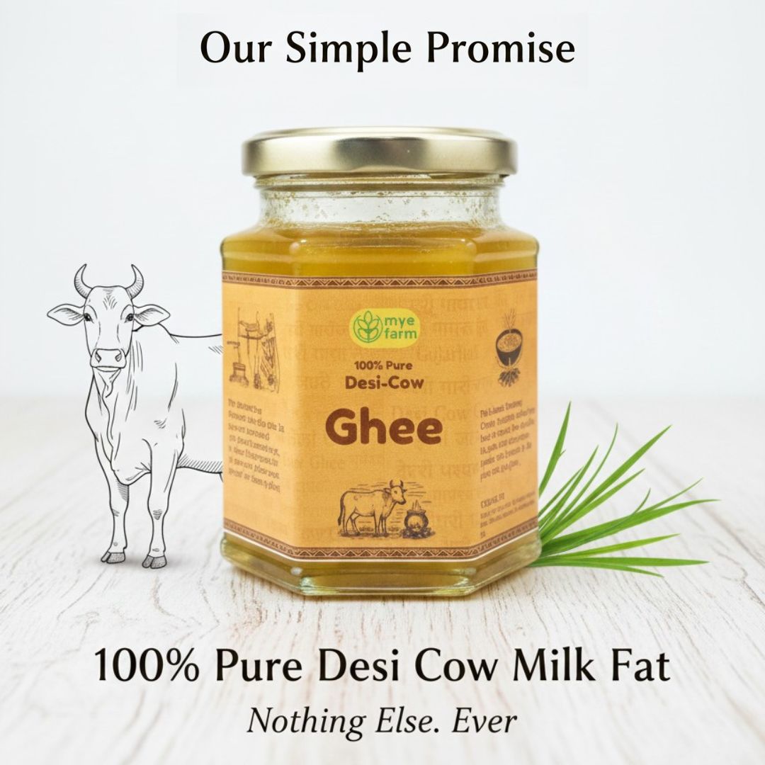 Mye Farm premium desi cow ghee made from 100% pure cow milk fat with no additives or preservatives
