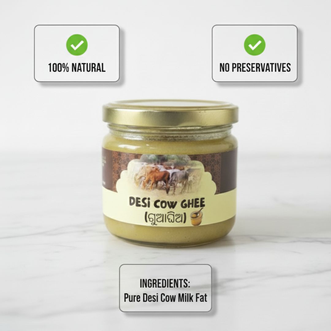 Mye Farm Pure Desi Cow Ghee jar labeled 100% natural and no preservatives, made from pure desi cow milk fat.