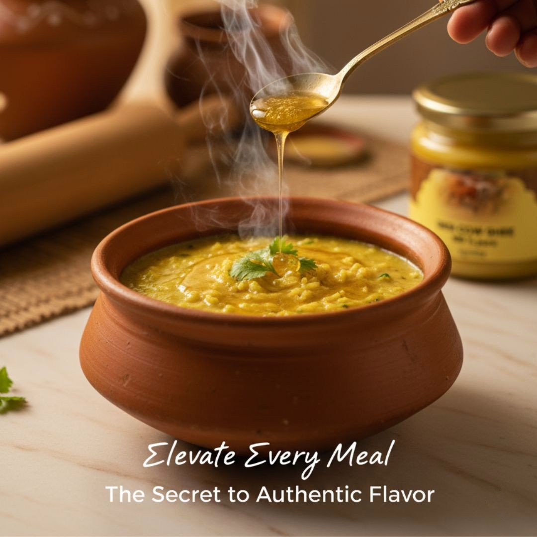 Hot dal served in a clay pot with Mye Farm Pure Desi Cow Ghee poured on top, adding rich aroma and authentic flavor.