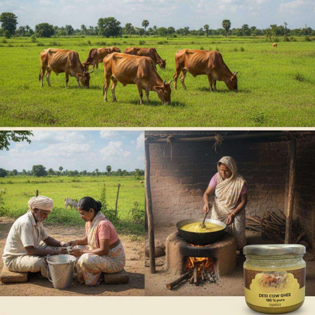 Mye Farm Pure Desi Cow Ghee made from fresh cow milk, traditionally prepared on firewood by farmers in Orissa.