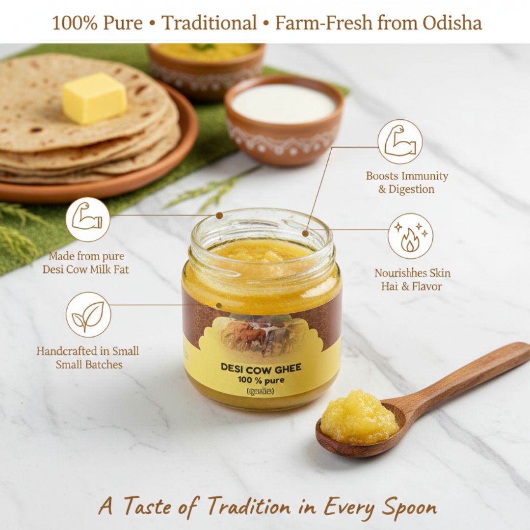 Mye Farm Pure Desi Cow Ghee handcrafted in small batches, made from cow milk fat, boosting immunity and improving digestion.