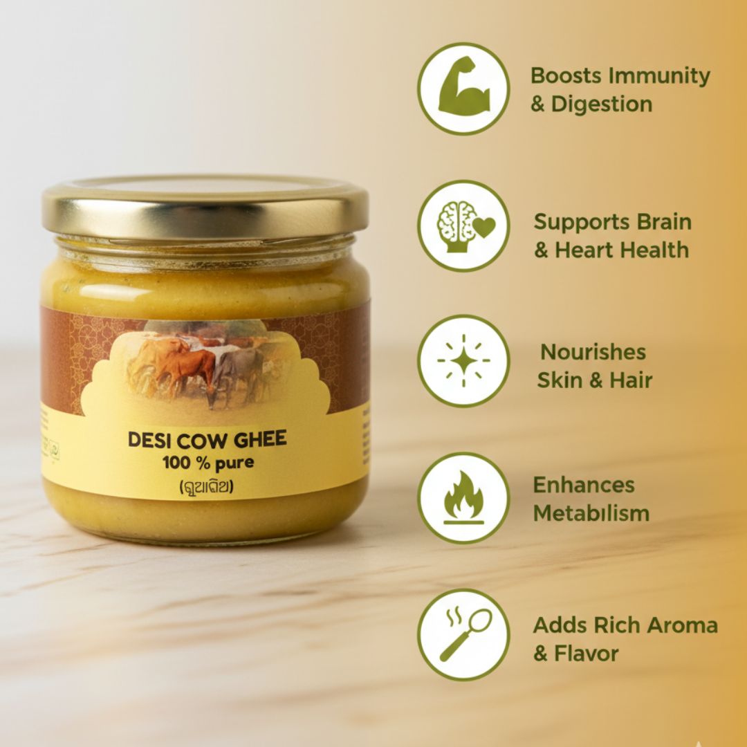 Mye Farm Pure Desi Cow Ghee jar highlighting benefits like boosting immunity, supporting heart health, and enhancing metabolism.
