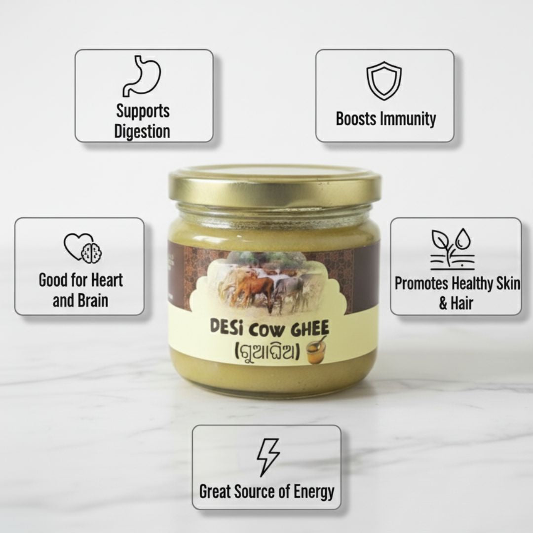 Mye Farm Pure Desi Cow Ghee jar with benefits highlighting digestion, immunity, heart health, glowing skin, and energy.