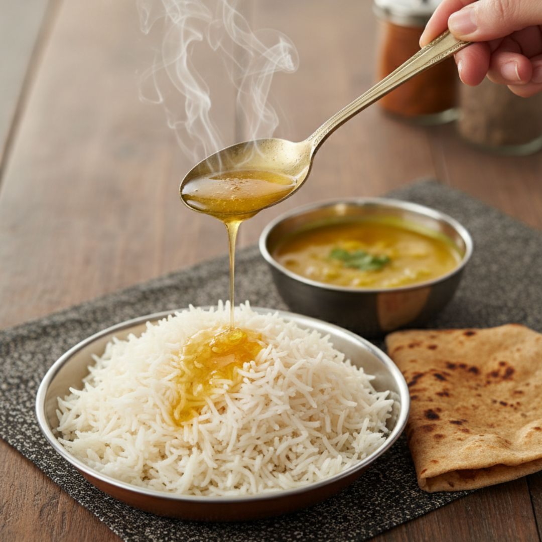 Golden Mye Farm Pure Desi Cow Ghee poured over steaming rice with dal and roti, showing everyday Indian meal use.