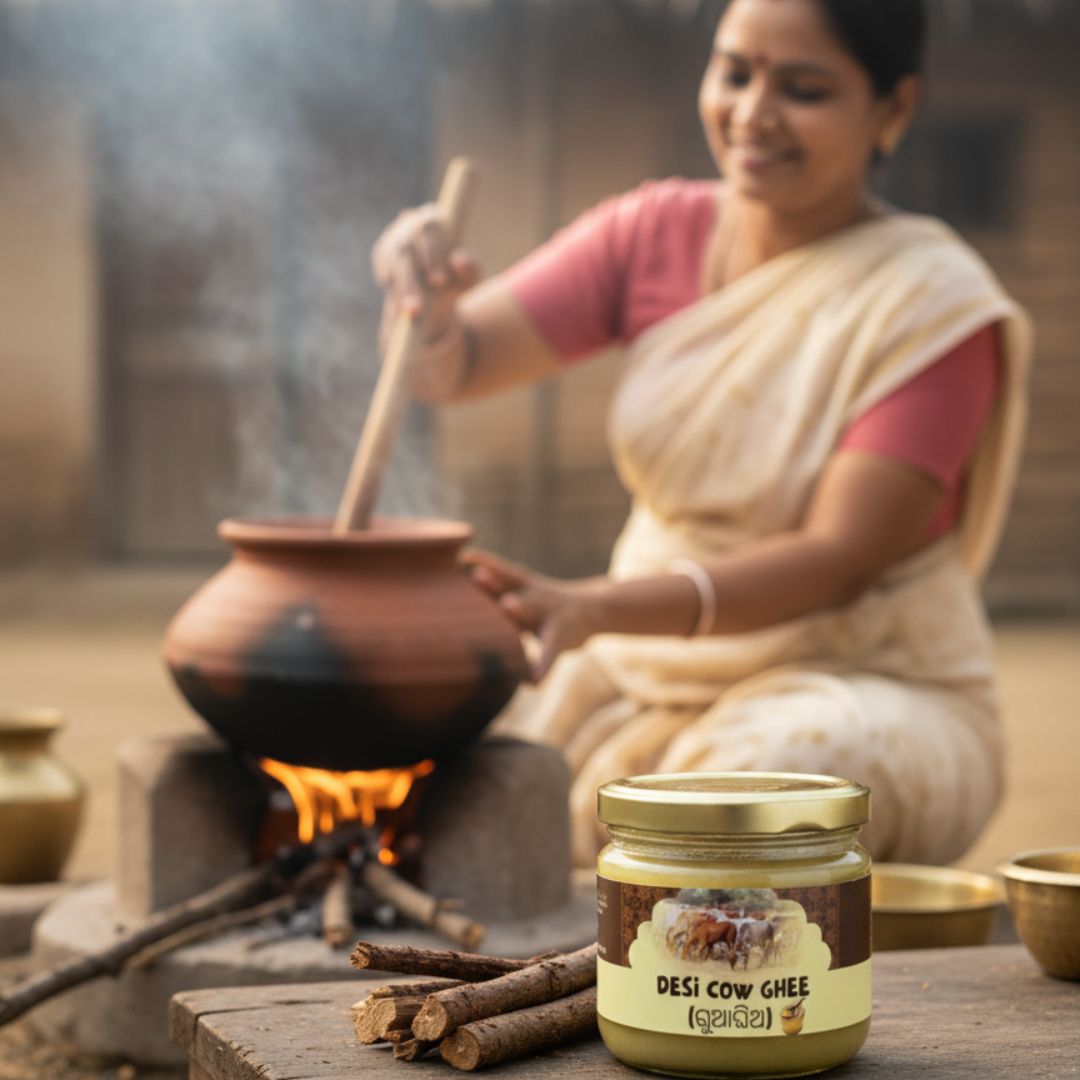 Traditional firewood preparation of Mye Farm Pure Desi Cow Ghee made from pure cow milk in Orissa.