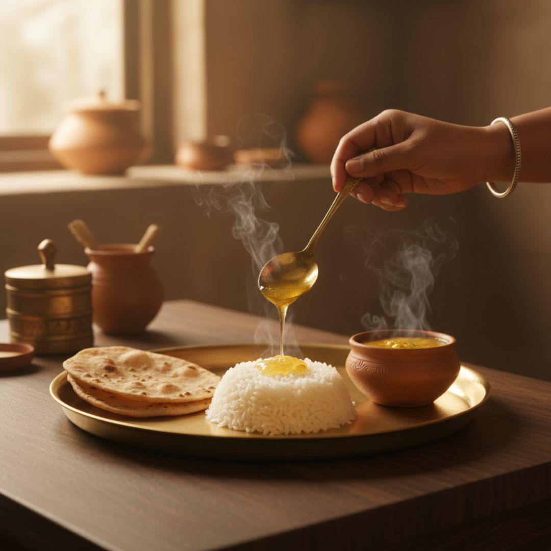 Hot ghee being poured over steamed rice and roti, showing traditional Indian meal with Mye Farm Pure Desi Cow Ghee.