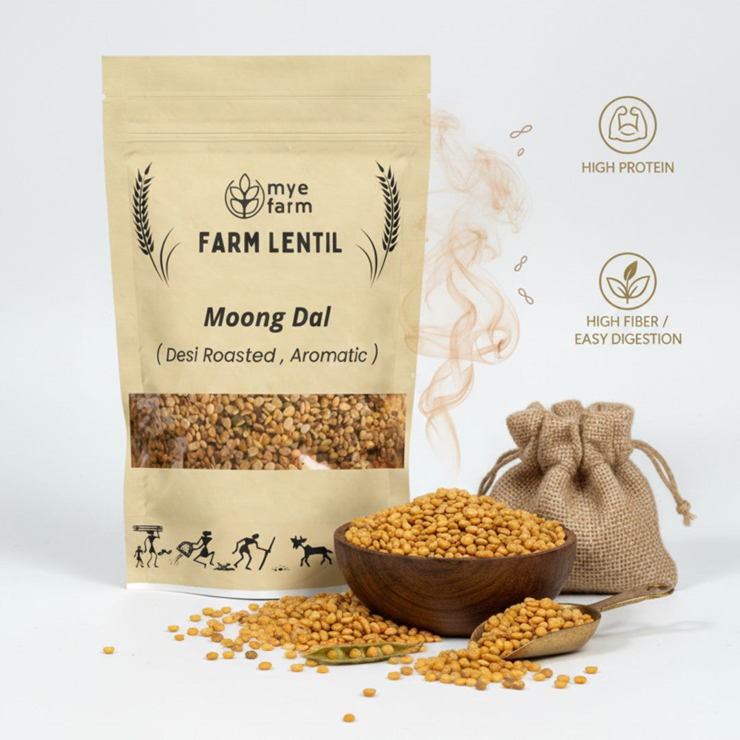 Mye Farm Roasted Moong Dal pack with wooden bowl and scoop showing golden lentils, labeled as high protein and high fiber for easy digestion.