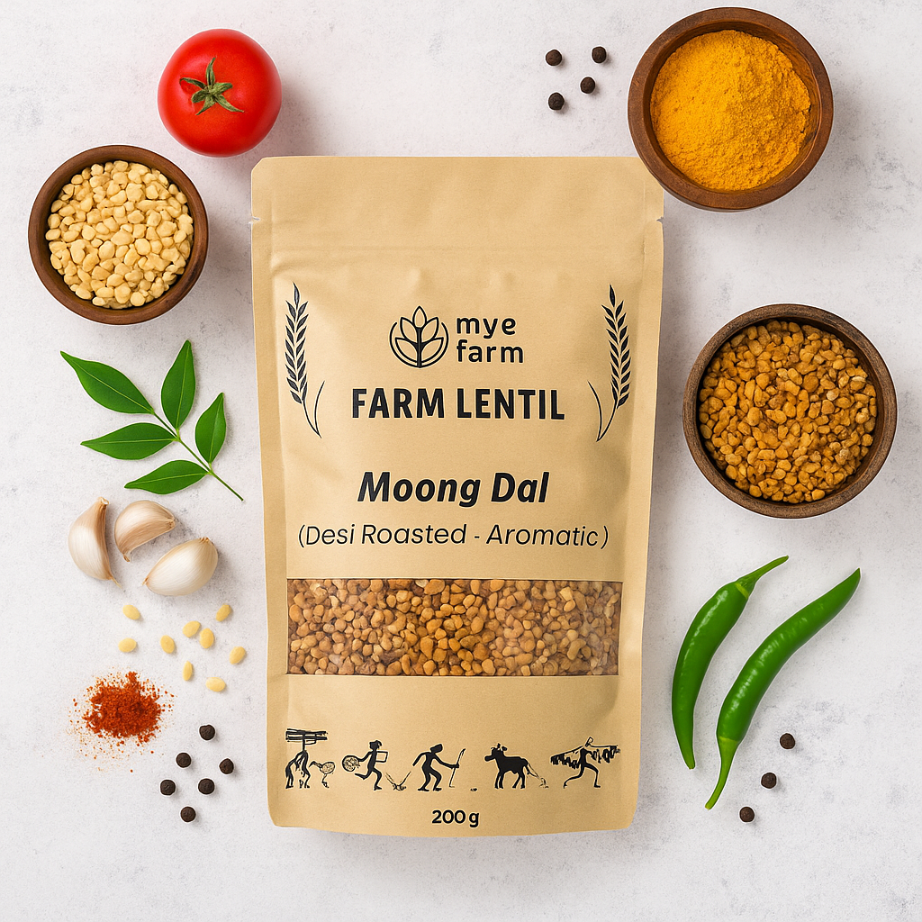 Mye Farm Roasted Moong Dal pack surrounded by fresh spices, curry leaves, garlic, chili, and turmeric, showing its natural desi aromatic quality.