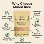 Mye Farm Sona Masoori Mined Rice benefits infographic showing key features like aged 2 years underground, rich in protein and fiber, easily digestible, and supports healthy blood sugar.
