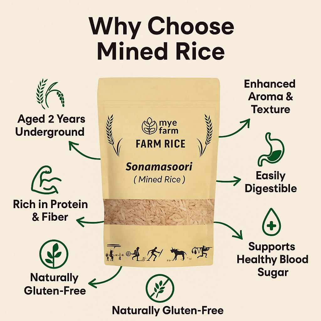 Mye Farm Sona Masoori Mined Rice benefits infographic showing key features like aged 2 years underground, rich in protein and fiber, easily digestible, and supports healthy blood sugar.