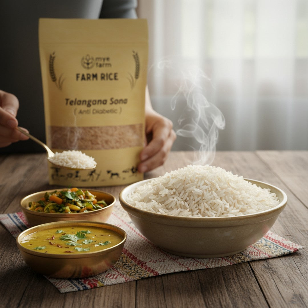 A wholesome Indian meal featuring Mye Farm Telangana Sona Rice with dal and vegetables, demonstrating the rice's light and fluffy texture. The image showcases the product's suitability for everyday, healthy home-cooked meals.