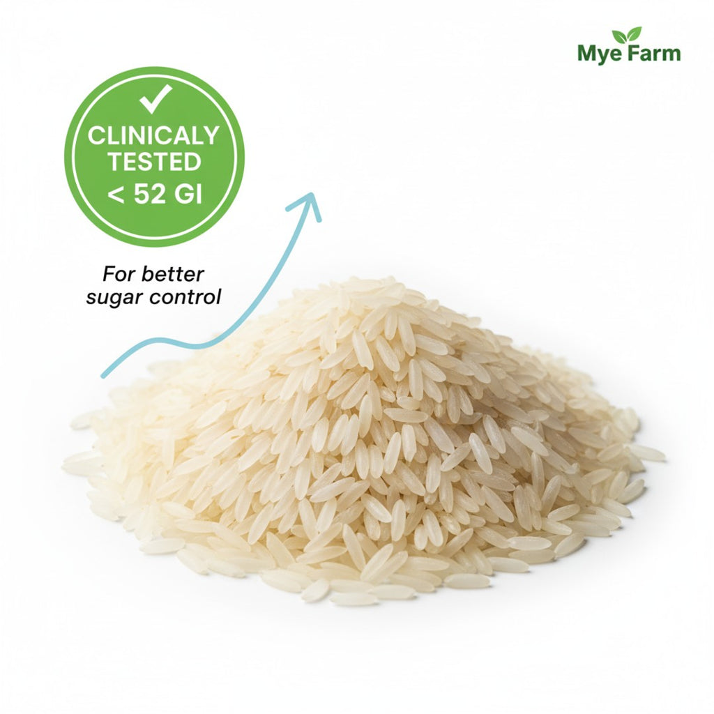 Mye Farm Telangana Sona Rice grains with an overlay graphic stating: Clinically Tested < 52 GI for better sugar control. Visual confirms the rice is ideal for diabetic and health-conscious diets.