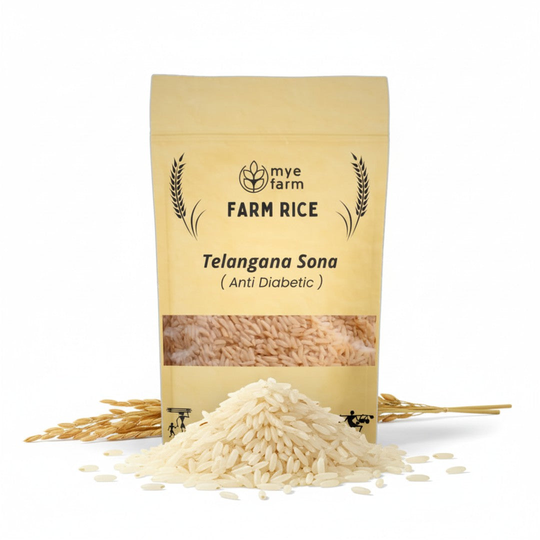 Mye Farm Telangana Sona Rice (Anti Diabetic) packaging, shown with a spilled pile of the natural, low GI, creamy white rice grains and dry rice stalks. Highlights the unadulterated, farm-fresh quality.