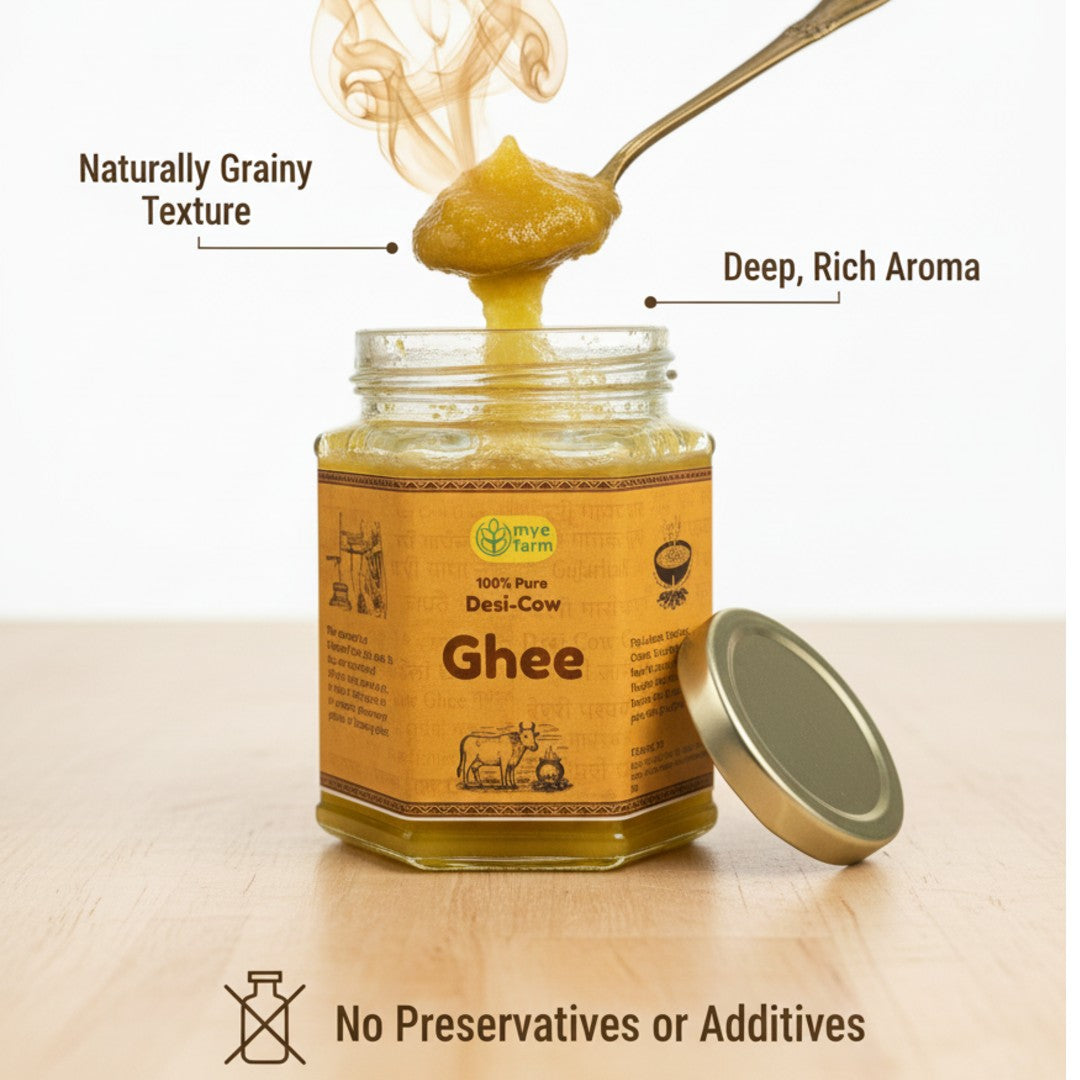 Open jar of Mye Farm 100% pure desi cow ghee with no preservatives or additives, showcasing natural texture and freshness